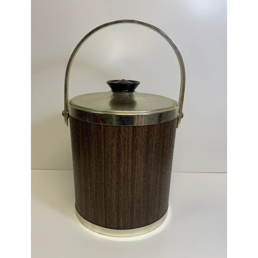 Vintage Kromex Ice Bucket Woodgrain/ Metal Lid & Carry Handle